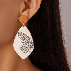 Close-up of wood drop earrings with butterfly wing print shown on model's ear