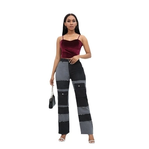 Damen Jeans Mit Hoher Taille Und Geradem Bein Patchwork Cargo Taschen Denim Kontrastnähte Streetwear Lässig