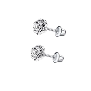 Detailed view of silver rose stud earrings with protective screw back design