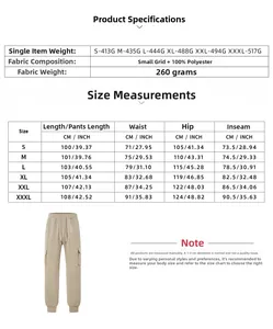 Detailed size guide and fabric specifications for men's grid pattern cargo sweatpants