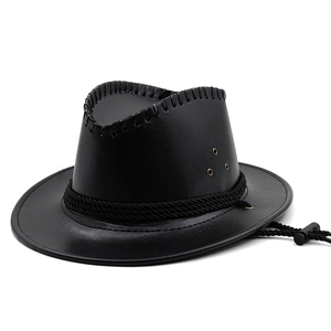 Classic black faux leather western cowboy hat with woven band and breathable eyelets