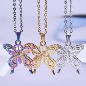 Three 18k gold plated stainless steel butterfly pendant necklaces in multi-color gold and silver