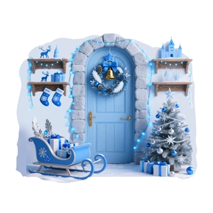 Detail of 3D blue Christmas door decor with silver trees and festive gift accessories