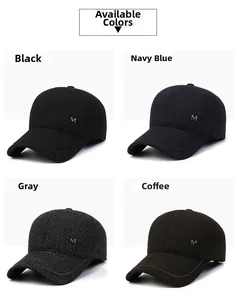 Baseball caps in black, navy, grey, and coffee colors with a metal M logo detail