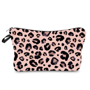 Leopard print makeup bag with pink base and black zipper detail
