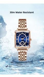 Close-up of luxury rose gold square watch with 30M waterproof splashing water effect