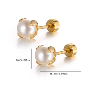 Detailed view of 6mm pearl stud earrings in gold setting with size measurements