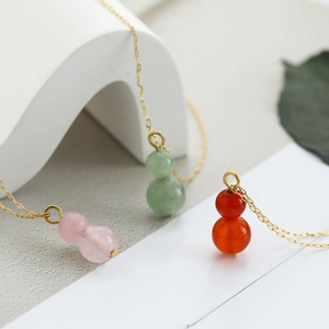 Natural Stone Gourd Pendant Necklace Titanium Steel Clavicle Chain Rose Quartz Aventurine Agate Lucky Jewelry For Women