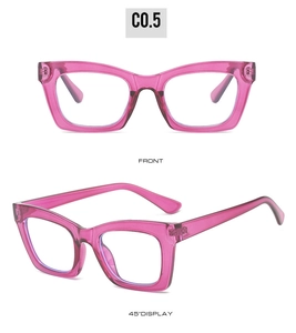 Dual view of rose red transparent square glasses frame with clear lenses and thick temples
