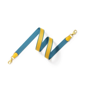 Blue and yellow striped canvas shoulder strap with yellow leather ends and gold hooks