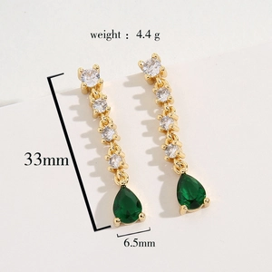 Gold-plated tassel earrings with clear zircons and green teardrop stone, 33mm length