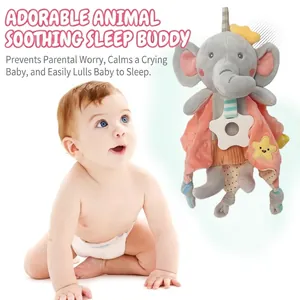 Gray elephant baby security blanket with pink textured fabric and star teether toy