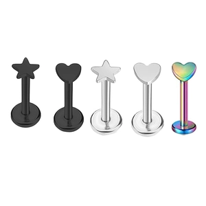 Detailed set of star and heart shaped stainless steel piercing studs in silver, black and rainbow