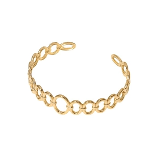 Minimalist gold titanium steel open bangle featuring geometric oval chain link design