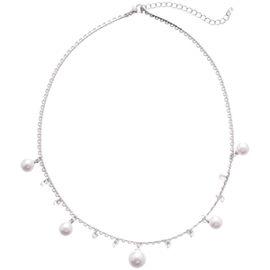 Elegant silver necklace featuring five white pearls and delicate tassels on white background
