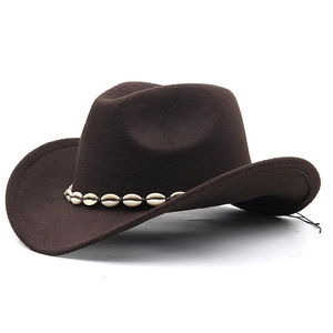 Classic dark brown felt cowboy hat with upturned brim and shell band decoration