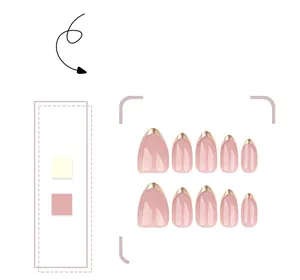 Detail of pink almond press on nails with gold French tips and almond shape set