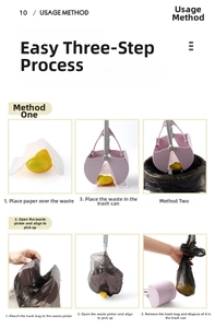 Detail showing two ways to use the long-handle pet pooper scooper with tissue and bags