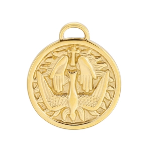 Golden stainless steel round pendant with relief bird and cross motif on white background