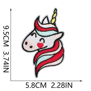 Detail showing unicorn embroidery patch dimensions 9.5x5.8cm with colorful stitching
