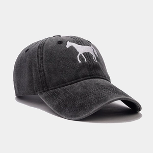 Dark gray washed denim baseball cap featuring detailed white horse embroidery
