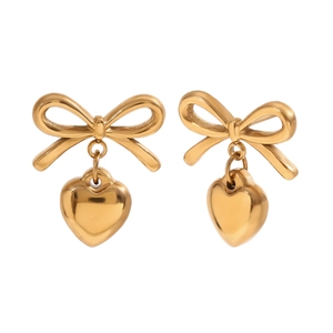 Elegant 18K gold plated bow and heart drop earrings in minimalist stainless steel