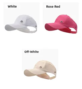 Three colors of lightweight sun visor hats in white, rose red, and beige with metal badge