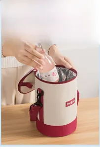 Detail of insulated cylindrical lunch bag with thermal lining and tasty food logo