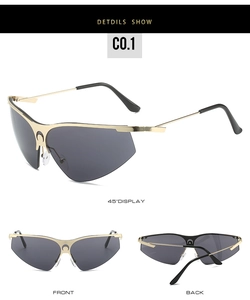 Detailed views of gold rimless sports sunglasses with sleek grey lenses from multiple angles