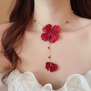 Fabric Flower Lariat Necklace Gold Plated Alloy Long Tassel Crystal Beads Y-Shape Dimensional Floral Sweet Fairy For Women