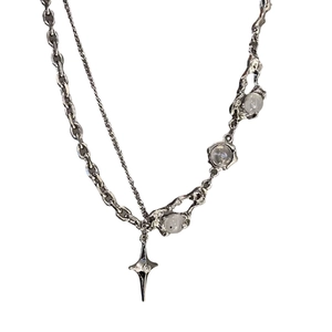 Double-layer silver necklace with moonstones and star pendant in liquid metal style