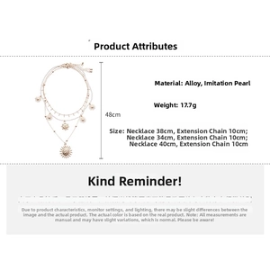 Detailed specs of multilayer sun and sunflower pendant necklace with faux pearls