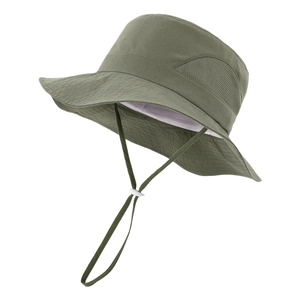 Detail of military green sun hat with breathable mesh vents and adjustable chin strap