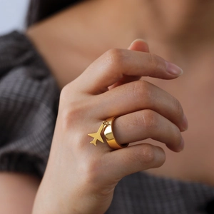 Gold stainless steel plane pendant ring for women and men, elegant engagement jewelry gift