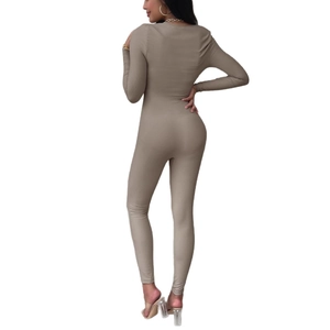 Back view of a khaki long sleeve ribbed bodysuit with a slimming tight fit for women
