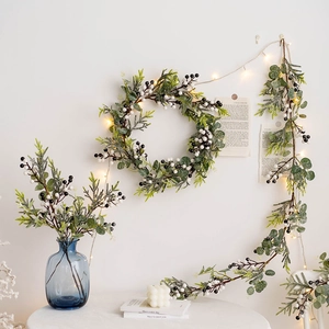 Artificial Christmas Wreath Garland Eucalyptus Leaves With Berries And Warm LED Lights For Front Door Home Holiday Decor