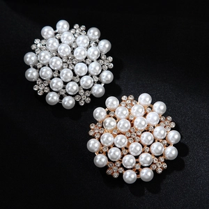 Elegant floral cluster brooches featuring faux pearls and crystals in gold and silver plating