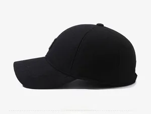 Side view of men's winter baseball cap with ear flaps and premium black wool texture
