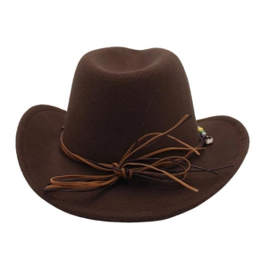 Detail of deep brown western cowboy hat with leather cords, beads and decorative buckle
