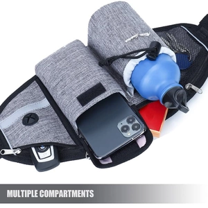 Detail view of the multi-pocket waist bag showing compartments for water bottle and phone