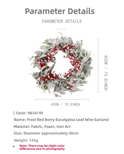 Detail view of 40cm frosted eucalyptus wreath with red berries and rabbit ear leaves