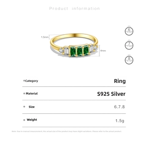 Detailed size chart for S925 silver ring featuring 4mm green zircon stones and 1.5mm band