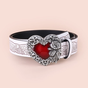 Vintage heart buckle belt for women with red center and white feather pattern strap