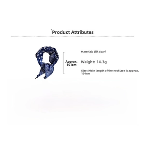 Detailed view of dark blue paisley silk scarf necklace measuring approximately 101cm long