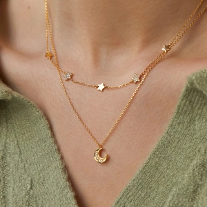 Collier double rang en acier inoxydable 18K avec pendentifs étoile et lune en zircon