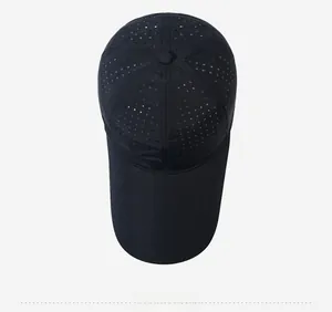 Top view of black quick-dry baseball cap with laser-cut ventilation holes for cooling