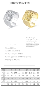 Detailed size chart for S925 sterling silver square relief ring showing diameters and dimensions