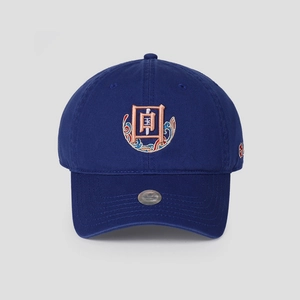 Detail of navy cotton baseball cap featuring Chinese Guo character and cloud embroidery