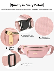 Detailed views of pink sports fanny pack showing fabric texture, zipper and plastic buckle