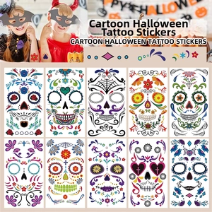 Set of 10 colorful Sugar Skull face tattoos with floral and spider web Halloween designs
